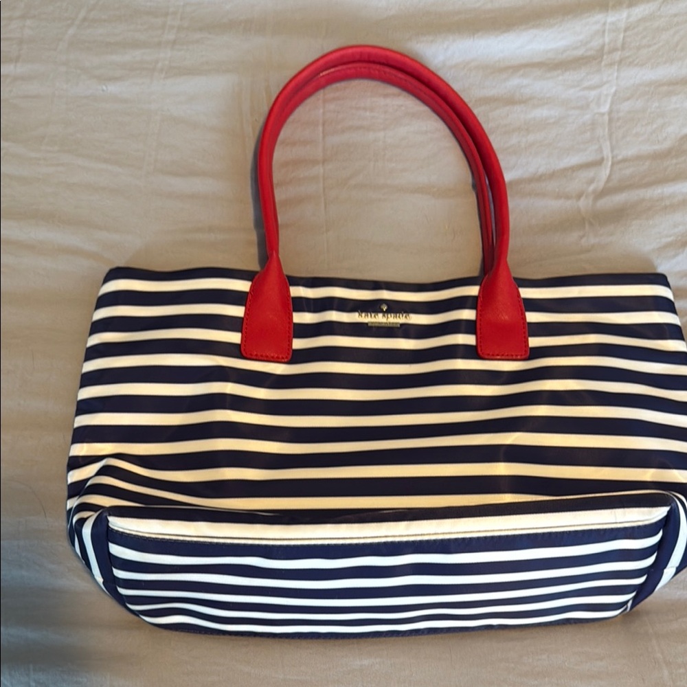 Kate Spade Navy and White Striped Tote with Red Handles